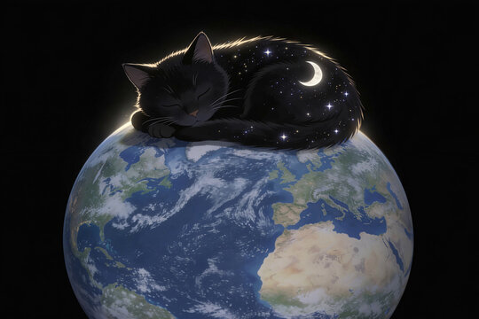 gatto nero con stelle e luna calante nel pelo accoccolato in cima al pianeta terra, black cat with stars and a crescent moon in its fur curled up on top of the world