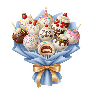 A beautiful bouquet of sweet cake pops with colorful frosting and birthday candles wrapped in blue paper