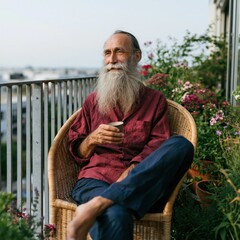Obraz premium Elderly man with long white beard holding a cup on a balcony garden for relaxation background and banner