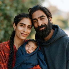 Fototapeta premium Warm portrait of parents holding newborn wrapped in blue blanket for family background and parenting lifestyle
