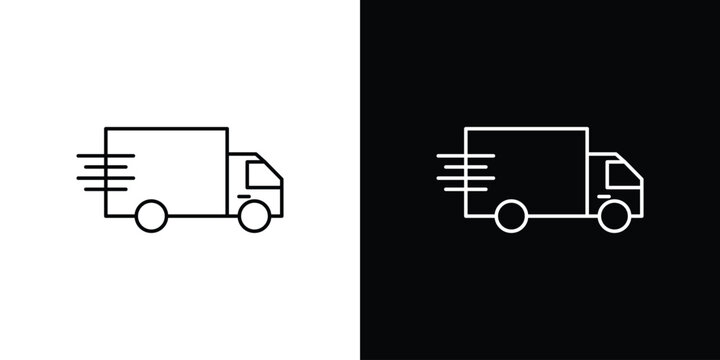 Fast shipping delivery truck icon symbol black illustration set. line and flat designs