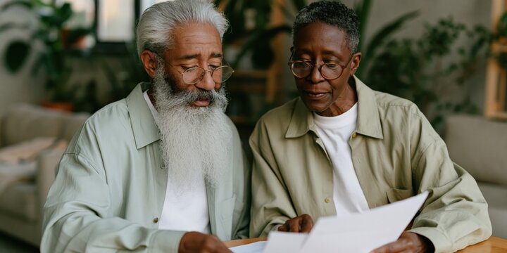 Senior couple reviewing documents together in a cozy home office background for financial planning banner and elder care brochure design