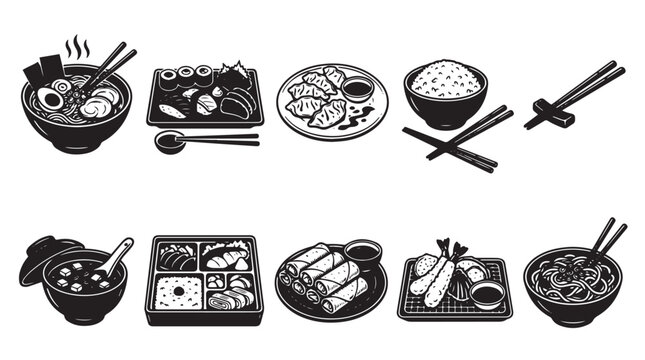 Monochrome vector icons of Asian cuisine featuring sushi ramen gyoza spring rolls bento and noodles for menu design and culinary graphics