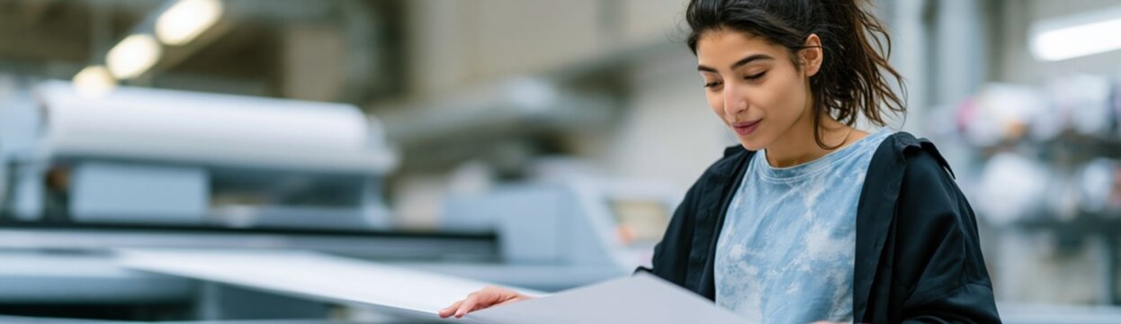 Female print technician reviewing printed materials at a wide format printer in a commercial print shop for poster and signage production workflow