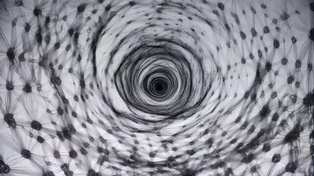 Abstract black and white wireframe tunnel composed of interconnected lines, nodes, and polygons stretching infinitely into the distance. The camera flies through the center of the tunnel