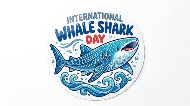 Cute illustrated whale shark with international whale shark day text in colorful design