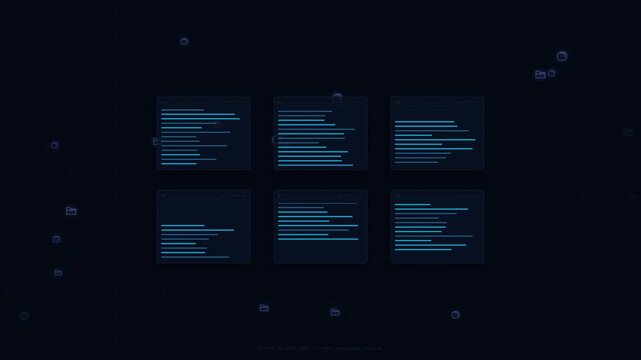 Motion of futuristic digital data streams in a high-tech environment with glowing blue text screens.