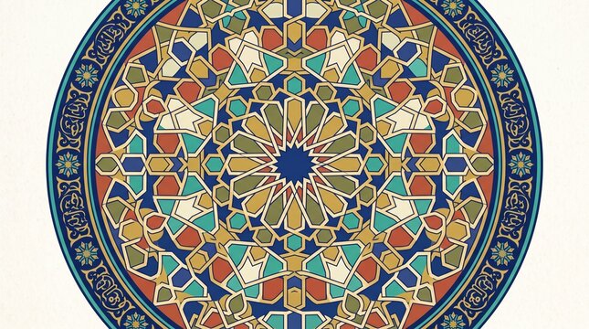 Ornate circular islamic geometric featuring intricate star motifs and traditional arabesque patterns in blue, green, red, and gold colors on a light background, for cultural decorative projects