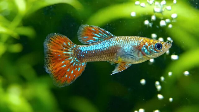 Close-up of Colorful Fish Swimming in Aquarium - A vibrant, small fish with blue and orange scales swims gracefully through a lush green aquatic plant environment.