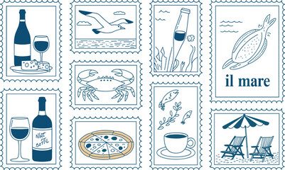 Set of vintage postage stamps featuring maritime themes and food illustrations © Creative