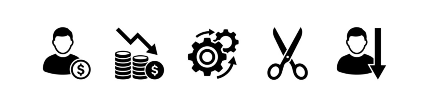 Business icons set representing cost reduction, process optimization, budget cuts, and downsizing. Black vector silhouettes for financial management, efficiency, and economic planning.