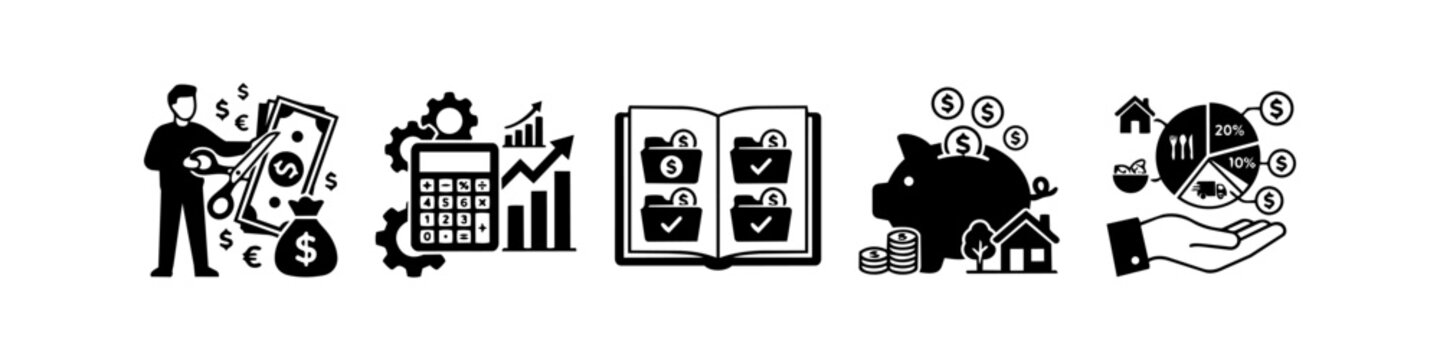 Set of financial management icons including cost-cutting, accounting, bookkeeping, savings, and budget allocation in a clean black and white style for personal or business finance concepts.