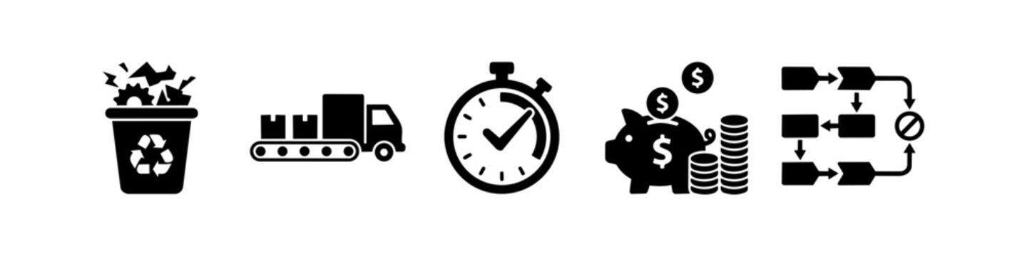 Set of lean manufacturing and business process icons representing waste reduction, logistics, time efficiency, cost savings, and workflow optimization. Vector symbols for industrial improvement.