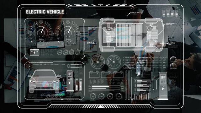 Modern digital interface showcasing electric vehicle data with a focus on battery performance, charging stations, and advanced metrics for future mobility solutions. Raster