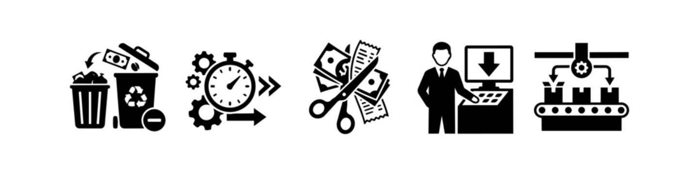 Business and manufacturing efficiency icons illustrating waste reduction, time management, cost cutting, automation, and production line optimization in a minimalist flat vector style.