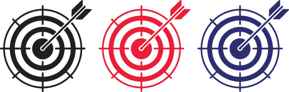 Bullseye target achievement icon set with precision marketing and goal success concepts