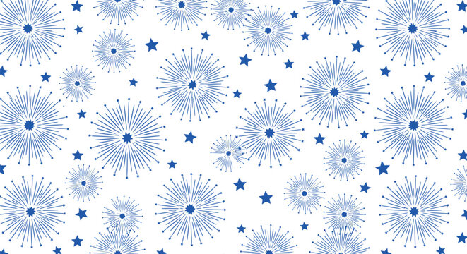 Fireworks display patterns and small stars are arranged in a repeating design on a white background.