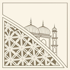 Architectural outline of a mosque with domes and minaret and intricate geometric background architecture building © Jahid