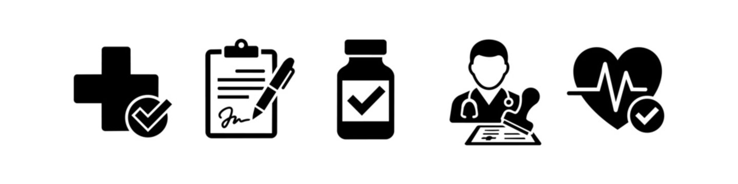A set of five medical icons including a medical cross, signed clipboard, prescription bottle, doctor with a stamp, and a heart monitor symbol, representing healthcare approval and certification.