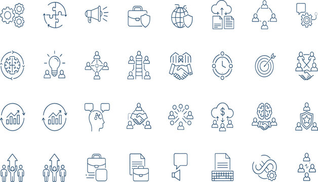 Business, management, icons, set, line, teamwork, marketing, corporate, workflow, strategy, financial, process, target, brain, development, network, outline, stroke, vector, linear,