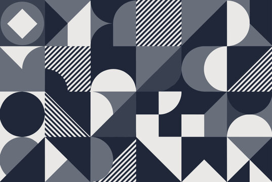 Abstract geometric pattern featuring circles triangles and squares in a sophisticated blue and gray color palette.