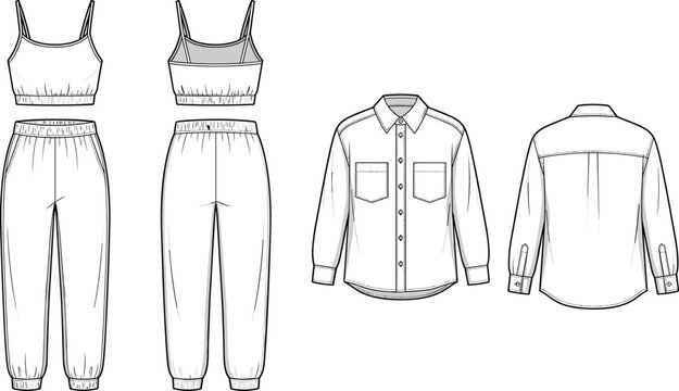 Fashion technical sketch vector of women clothing collection with camisole crop top sweatpants and long sleeve button shirt