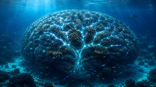 Bioluminescent brain coral with glowing blue neural pathways underwater in a deep sea environment.