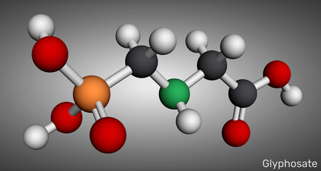 Obraz premium Glyphosate molecule, phosphonate, herbicide chemical structure, non selective weed killer, agricultural pesticide compound 3d render