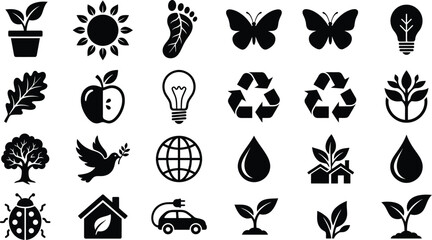 Fototapeta premium Icons illustrating ecological concepts and sustainable living are presented in a comprehensive grid for informational use.