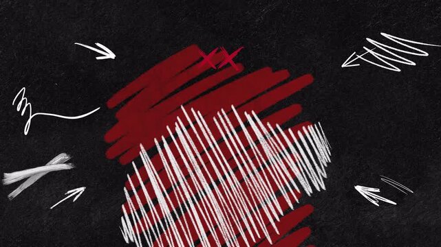 Abstract red and white chalk scribble animation on black background.