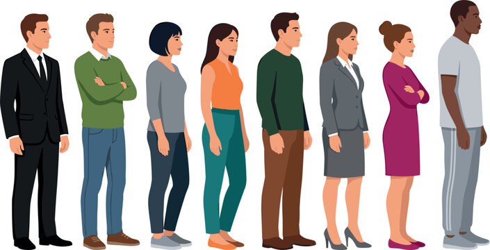 Diverse group of people standing in line side profile view illustration with business professionals and casually dressed characters isolated on white background vect