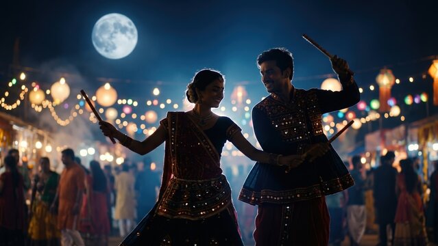 Traditional Garba Couple Dancing Under Night Sky