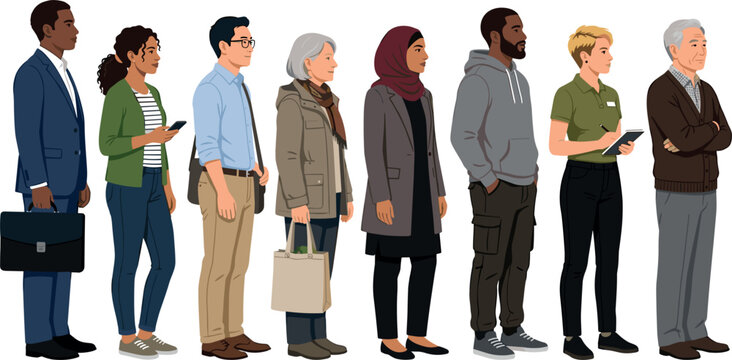 Diverse multicultural crowd of people standing in line side view illustration with different ages and professions isolated on white background vector