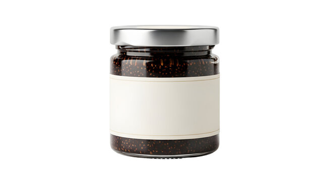 Glass jar filled with dark fig jam and a blank label for branding