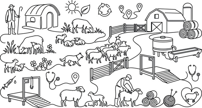Landscape outline vector of sheep livestock farming showing a shepherd herding domestic animals wool production shearing machinery barn and veterinary care concepts