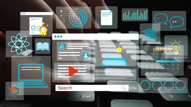 Digital interface with search bar and various educational icons illustrating online learning, technology tools, data analysis, and interactive features. Entropy.