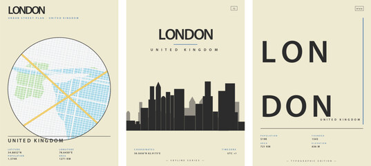 Set of minimalist posters featuring london, united kingdom, including a circular street map, a city skyline silhouette, and a typographic design with geographic data vector illustration © Taky