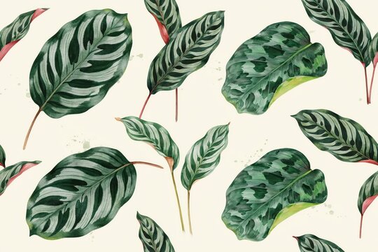 Seamless pattern of lush green calathea leaves with intricate patterns on a light cream background, botanical watercolor
