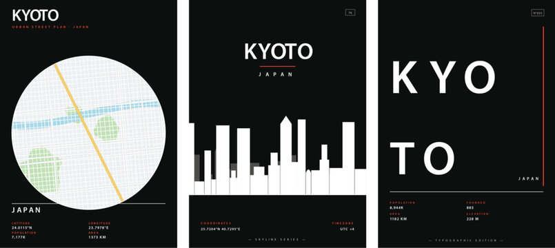 Minimalist city poster set of kyoto, japan, featuring urban street map, skyline silhouette, and typographic design in a modern aesthetic style vector illustration