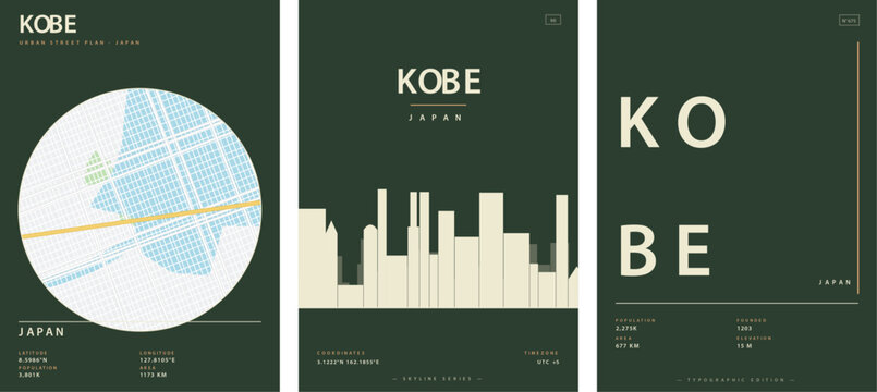 Minimalist city poster set of kobe, japan, featuring urban street map, skyline silhouette, and typographic design in a modern aesthetic style vector illustration