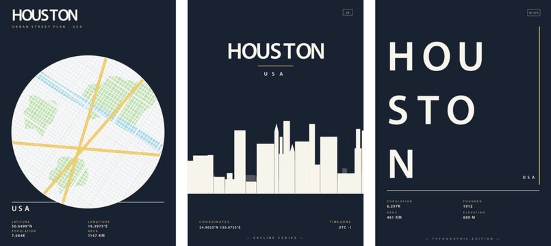 Set of three minimalist posters of houston, texas, featuring an urban street map, a city skyline silhouette, and a modern typographic design in a clean, professional style vector illustration