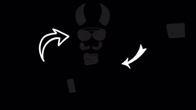 Minimalist devil character logo animation with arrow indicators on black background.