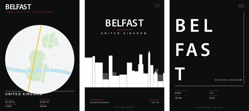 Set of minimalist city posters for belfast, united kingdom, featuring urban street plan, skyline silhouette, and typographic design in black and white style vector illustration