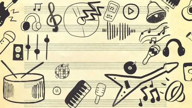 Doodle Style Music Background with Musical Instruments and Notes.