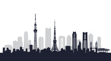 Obraz premium Japanese city skyline silhouette featuring landmarks and skyscrapers