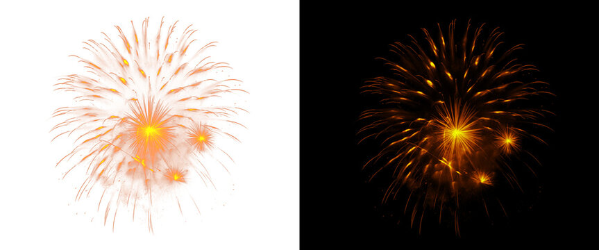 Golden fireworks burst isolated on white and black backgrounds, sparkling firework explosion for celebration, festive pyrotechnics for holiday event design