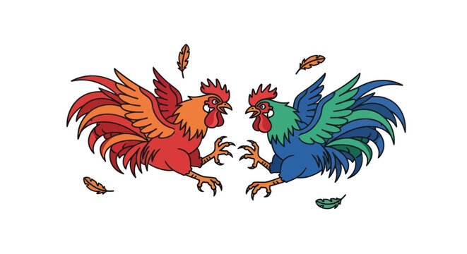 Red and blue roosters in a midair cockfight with flying feathers