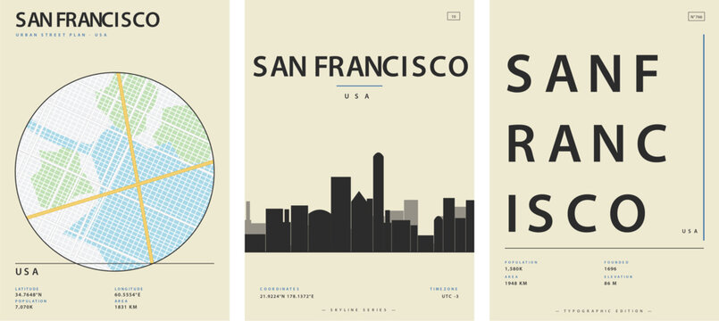 Set of minimalist city posters featuring san francisco, including urban street plan maps, skyline silhouettes, and modern typographic designs for travel and decor vector illustration