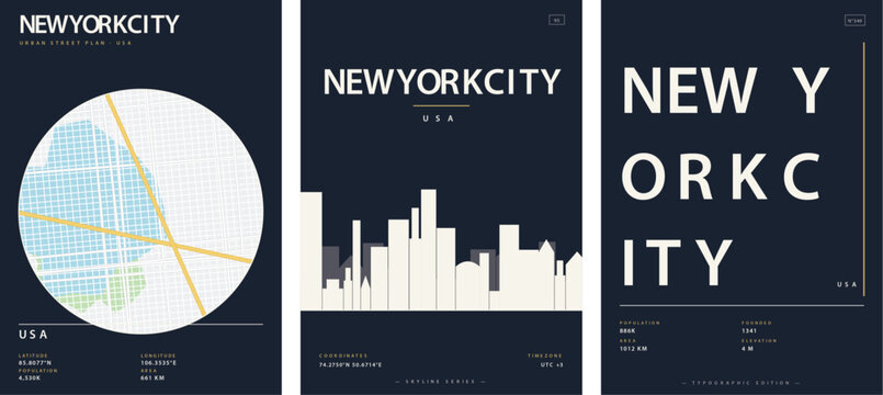 Set of minimalist city posters of new york city, usa, featuring urban street map, skyline silhouette, and typographic design vector illustration