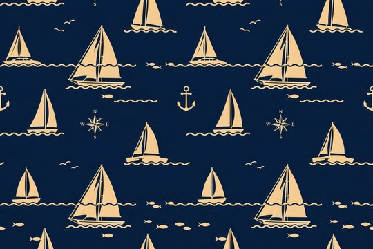 Seamless pattern of sailboats on dark blue ocean waves with small fish, anchors, and compasses in a nautical themed repeating background